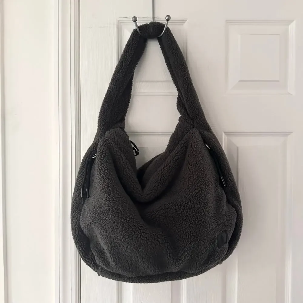 Free People FP Movement Charcoal Grey Cozy Carryall Sherpa Shoulder Hobo Bag